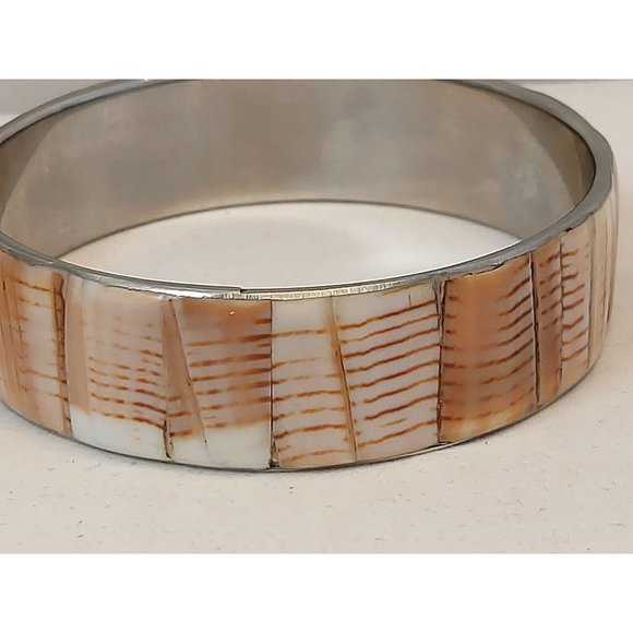 Vtg inlay Block Shell Bangle Bracelet Philippines Brown Cream Silver Tone Metal - Picture 8 of 11